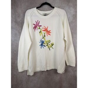 NWOT Yi Lin Womens Embroidered & Beaded Floral Knit Sweater Size Large White